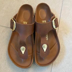 Birkenstock Gizeh Big Buckle Cognac/Gold Size 39 EUC 8 8.5